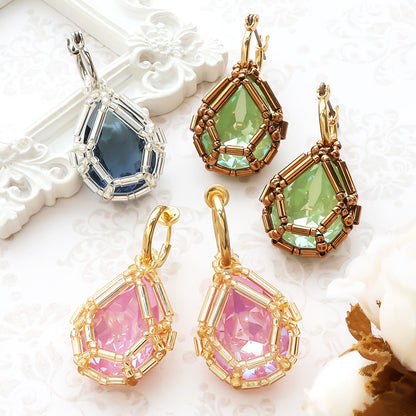 レシピNo.KR1346　貴和クリスタル宝石編みプリンセスのドロップイヤーアクセサリー