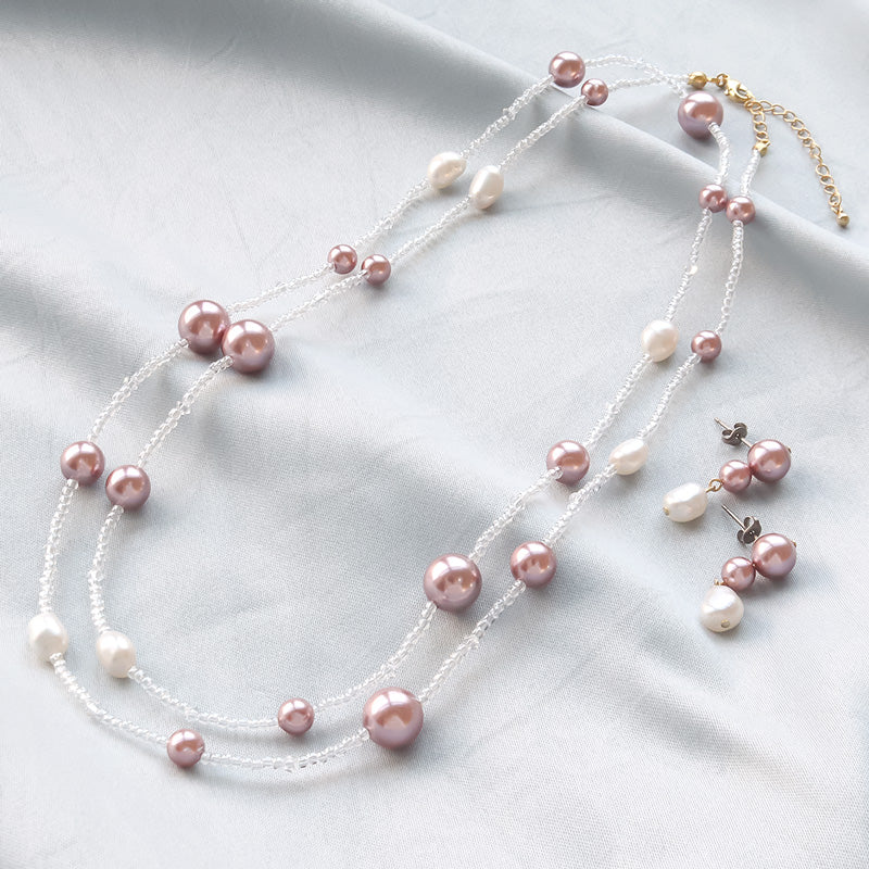 レシピNo.KR1350　クリスタルパールと淡水パールのネック＆ピアス